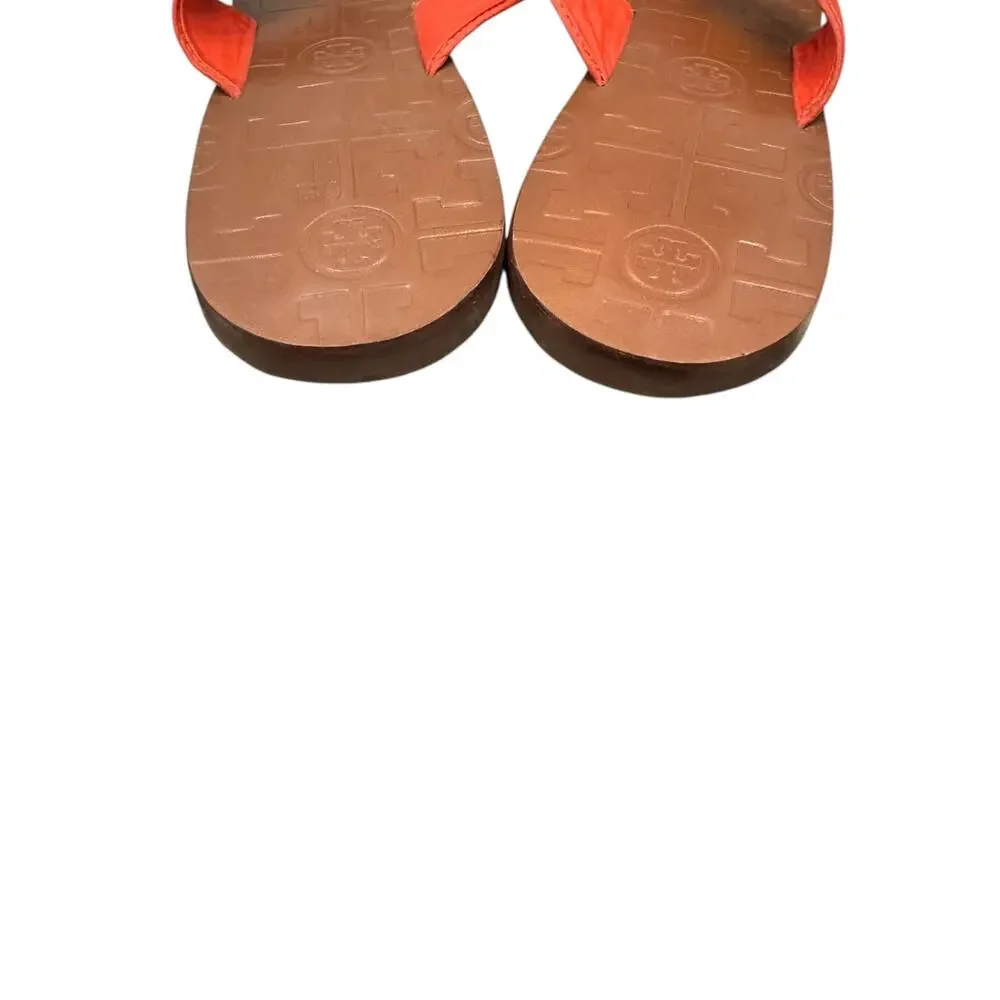 Tory Burch Thora Logo Medallion Leather Flip Flop Sandals Orange Sz 9M